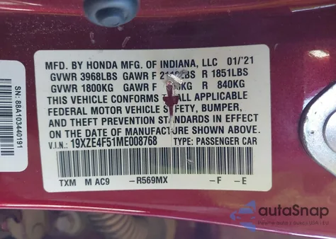 2021 Honda Insight Ex из США, поврежденный, VIN 19XZE4F51ME008768